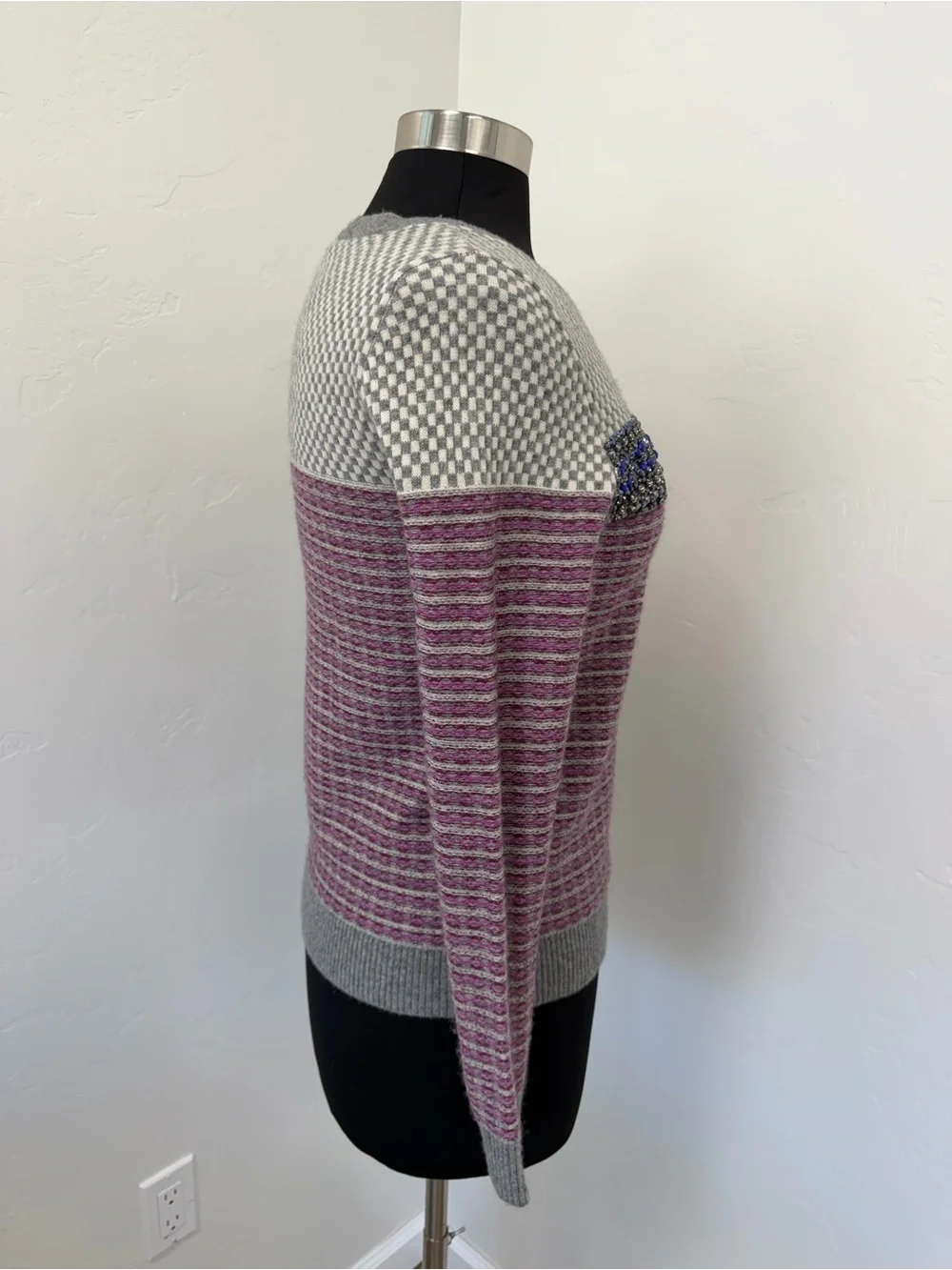 J. Crew Collection Cashmere Blend Mauve Gray Beaded Fair isle Nordic Sweater